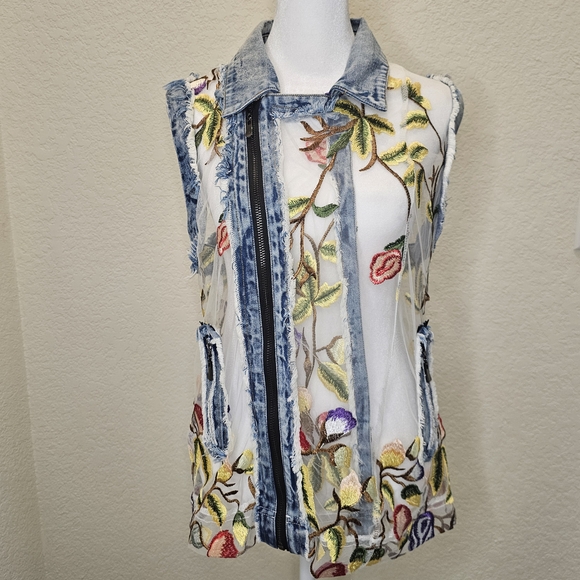 Adore Floral Embroidered Sheer Denim Vest - Picture 2 of 16